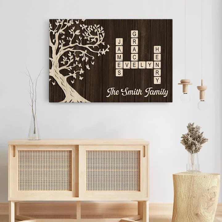 A dark wood-effect canvas on a wall showing a family tree beside five names interlocked as crossword tiles