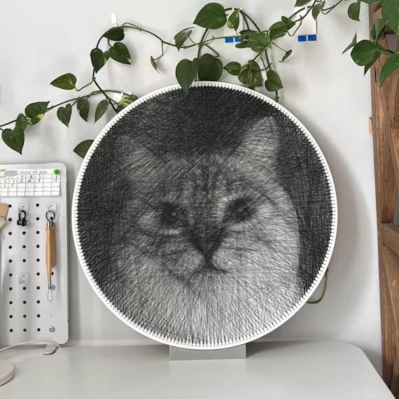 A round string-art panel of a cat's face in black thread, standing on a desk under trailing houseplants