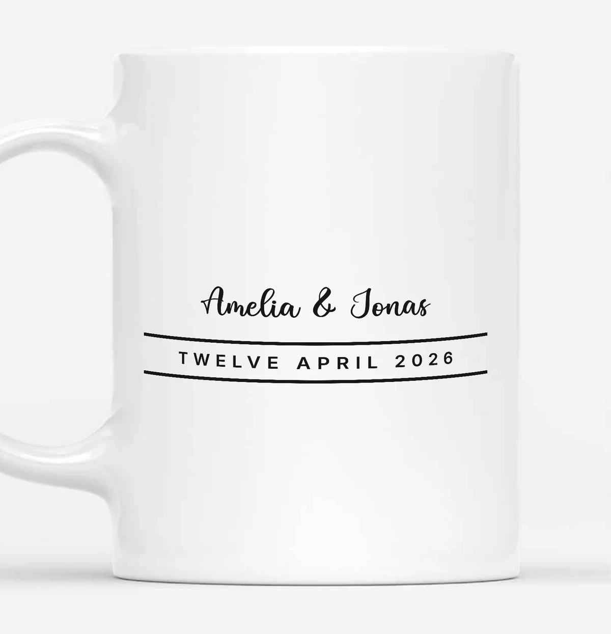 A white mug with a script name and a tracked date between two rules, the artwork bending with the barrel