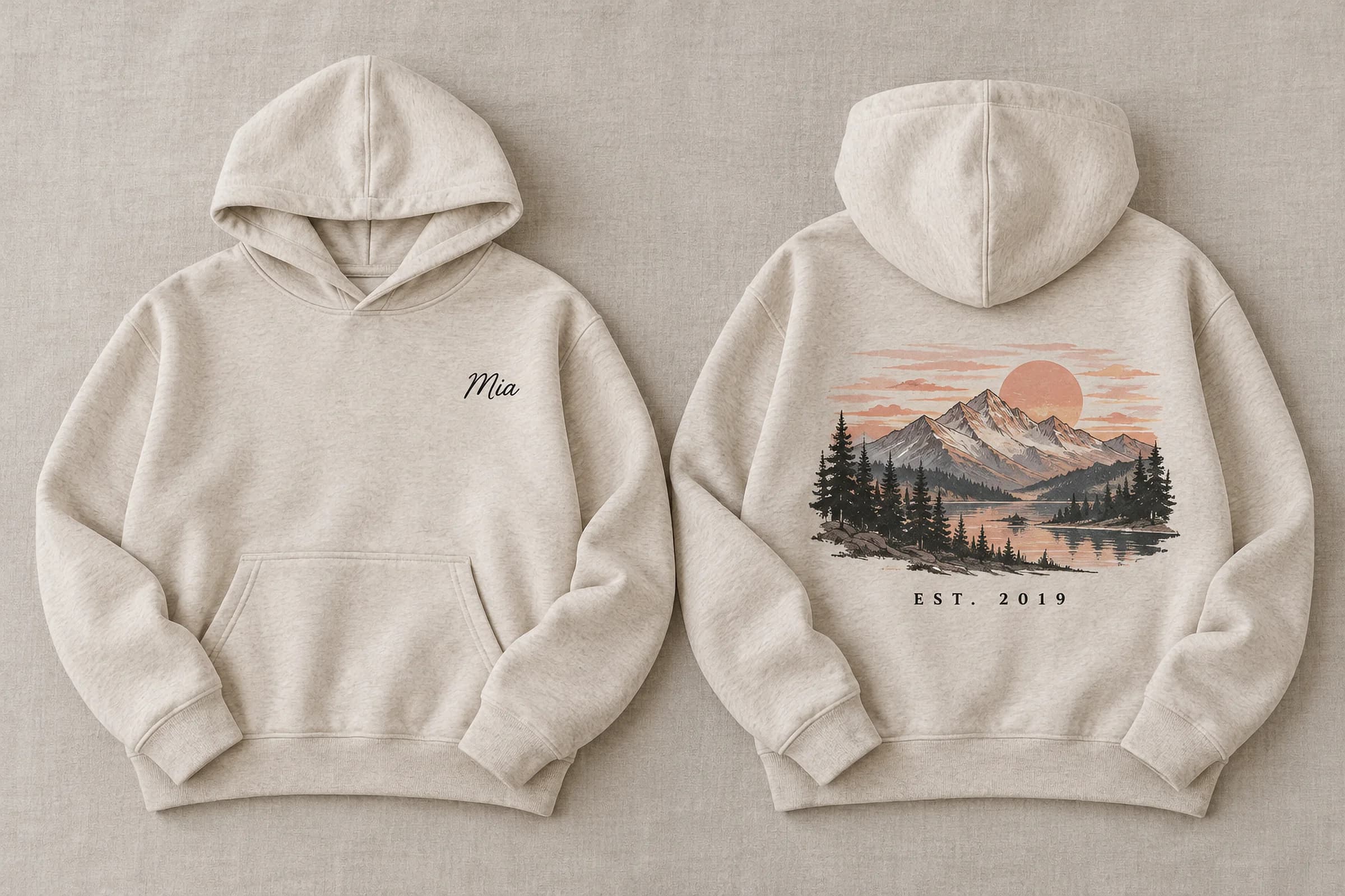 One oatmeal hoodie shown front and back: a script name on the chest, a mountain-sunset print and Est. 2019 across the back