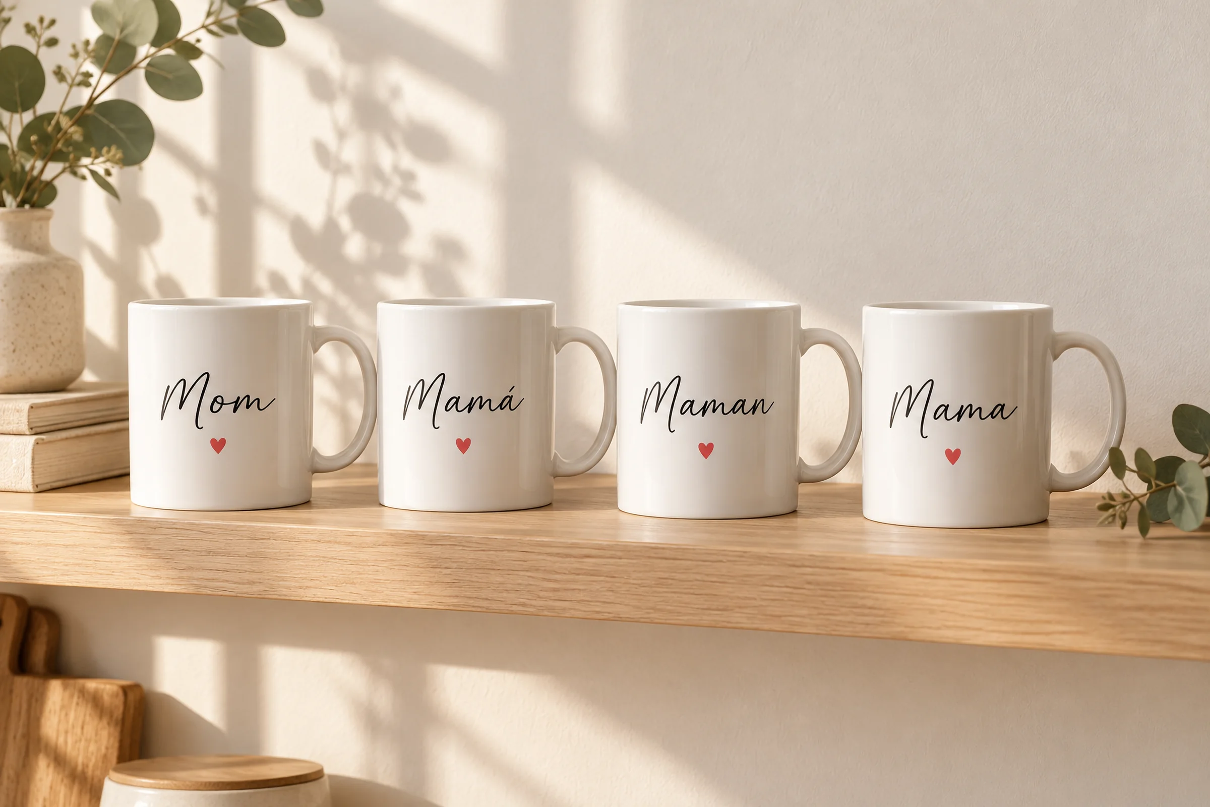Four mugs in a row on a shelf, each printed with the word for mum in another language: Mom, Mamá, Maman, Mama