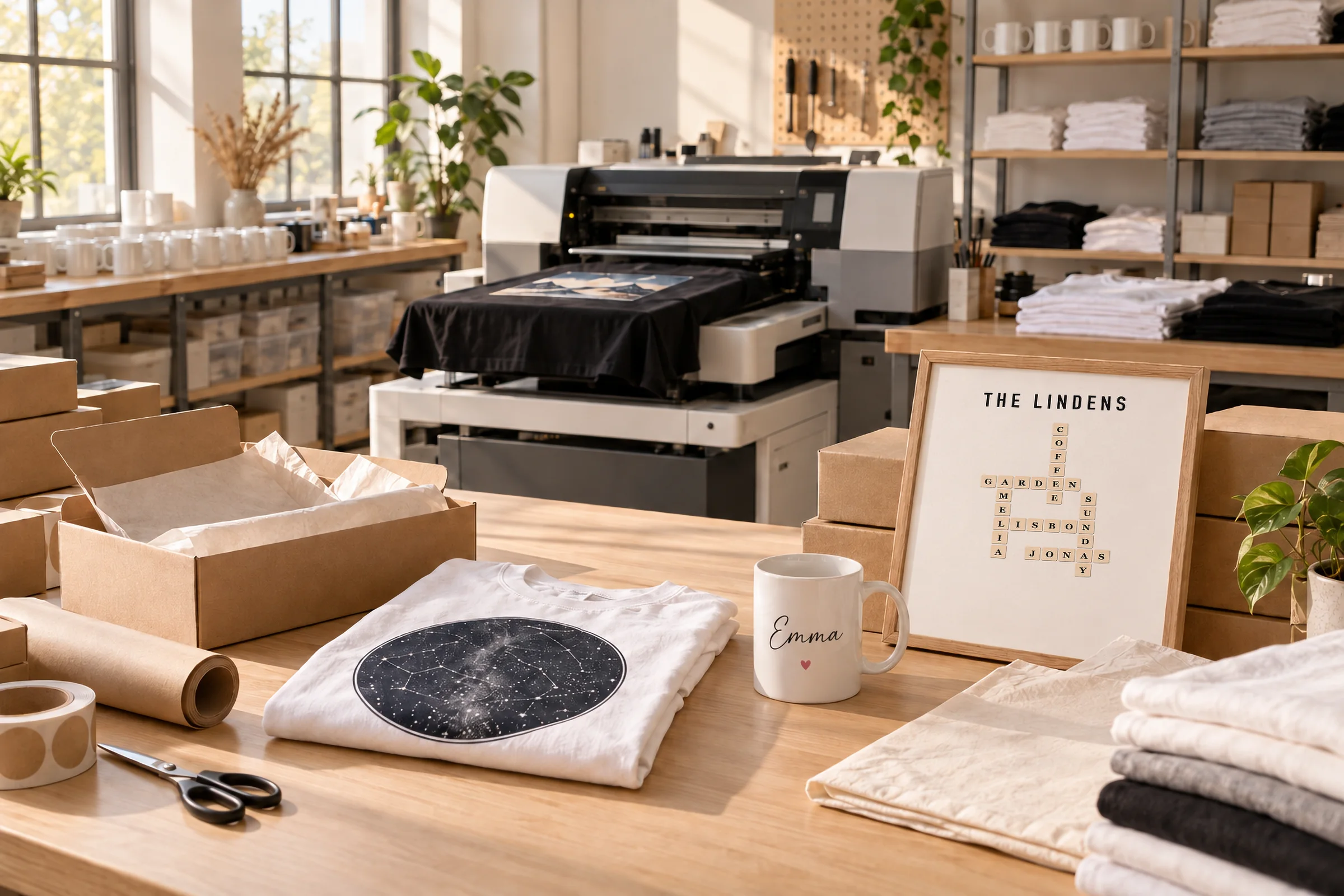 A small print workshop: a garment printer printing a black tee, and on the packing table a star-map tee, a name mug and a framed family crossword beside kraft mailer boxes