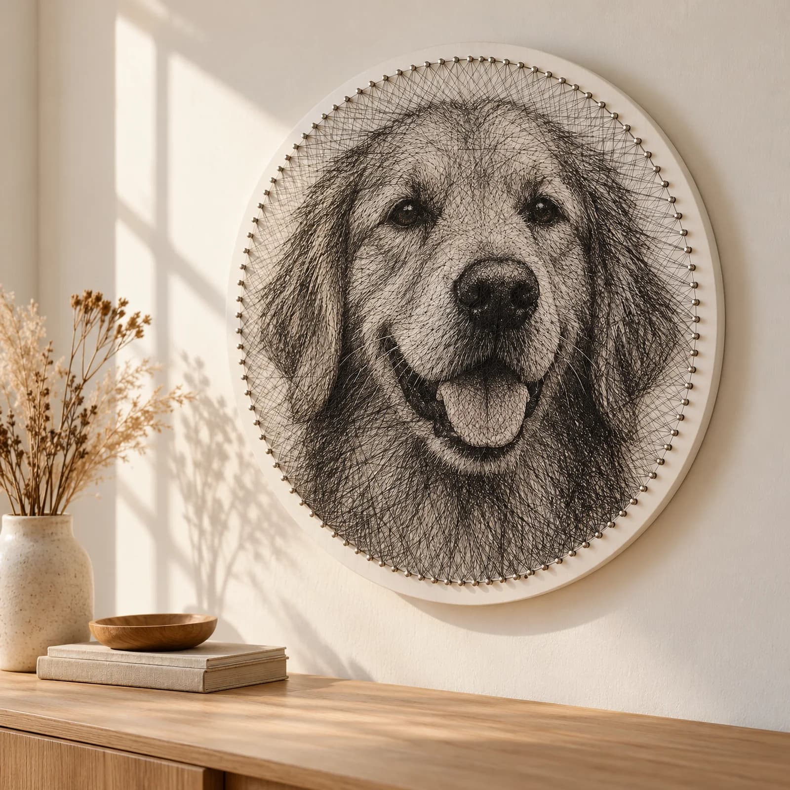 A round white board on a wall, nails all around its rim, with black thread stretched between them into a portrait of a golden retriever