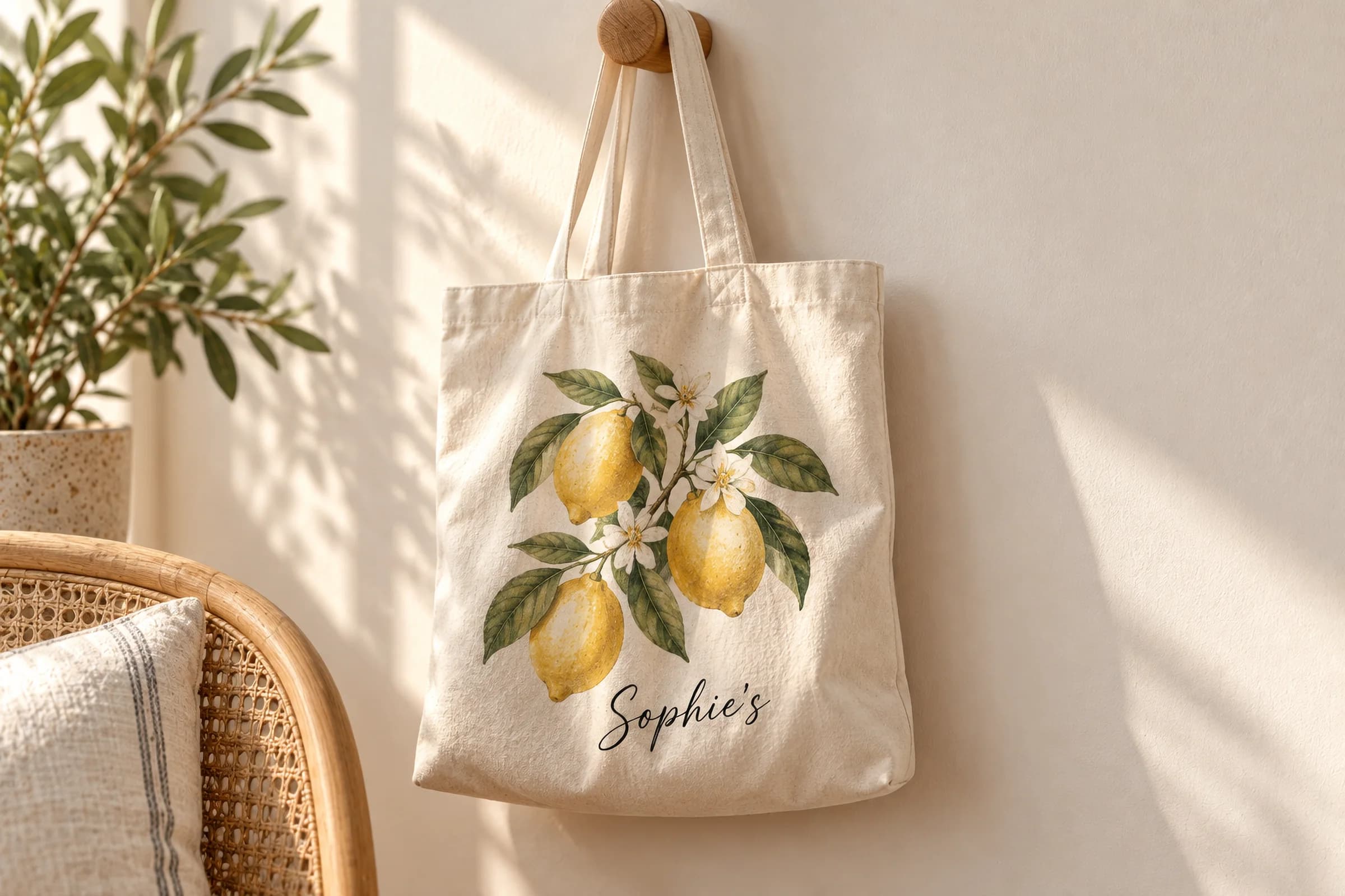A canvas tote hanging from a peg, printed with a lemon branch and the name Sophie's, the ink following the folds of the fabric