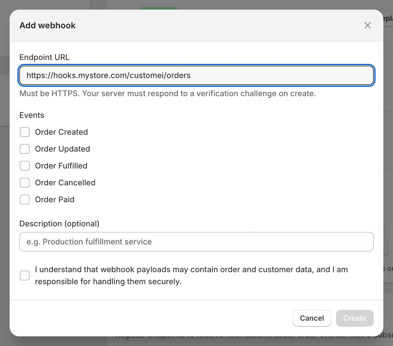 Add webhook: an HTTPS endpoint URL, the order events to send, and a description
