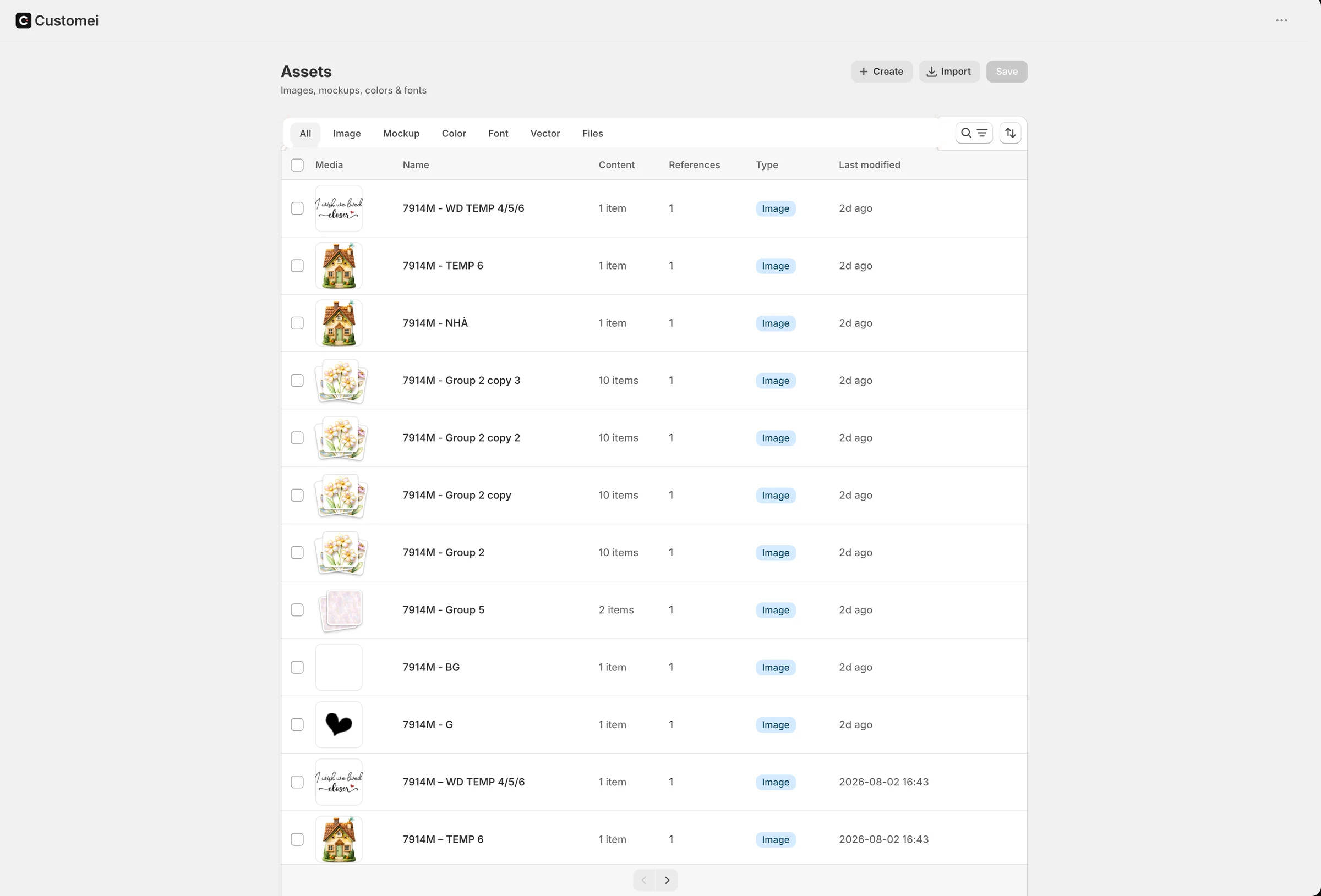 Assets: tabs for All, Image, Mockup, Color, Font, Vector and Files, and a list of libraries with their content and references