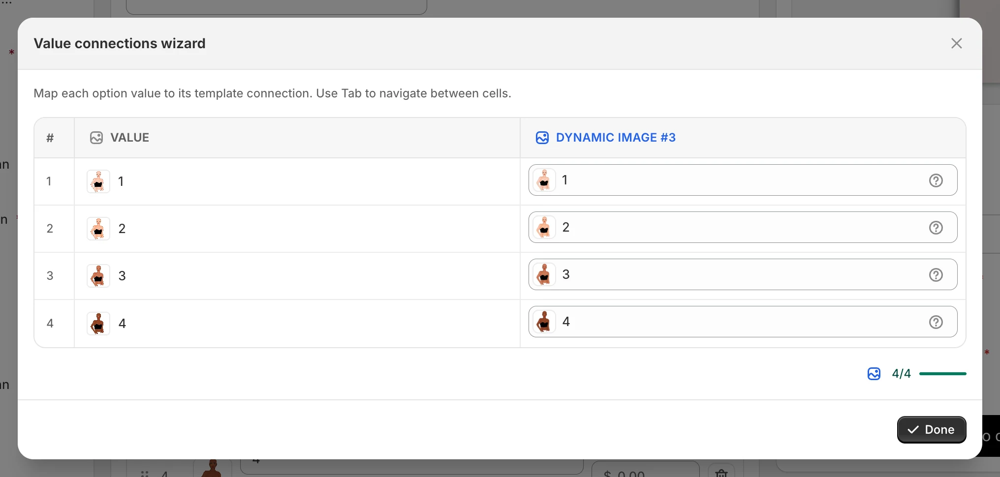 The value connections wizard, mapping each option value to a dynamic image in the template