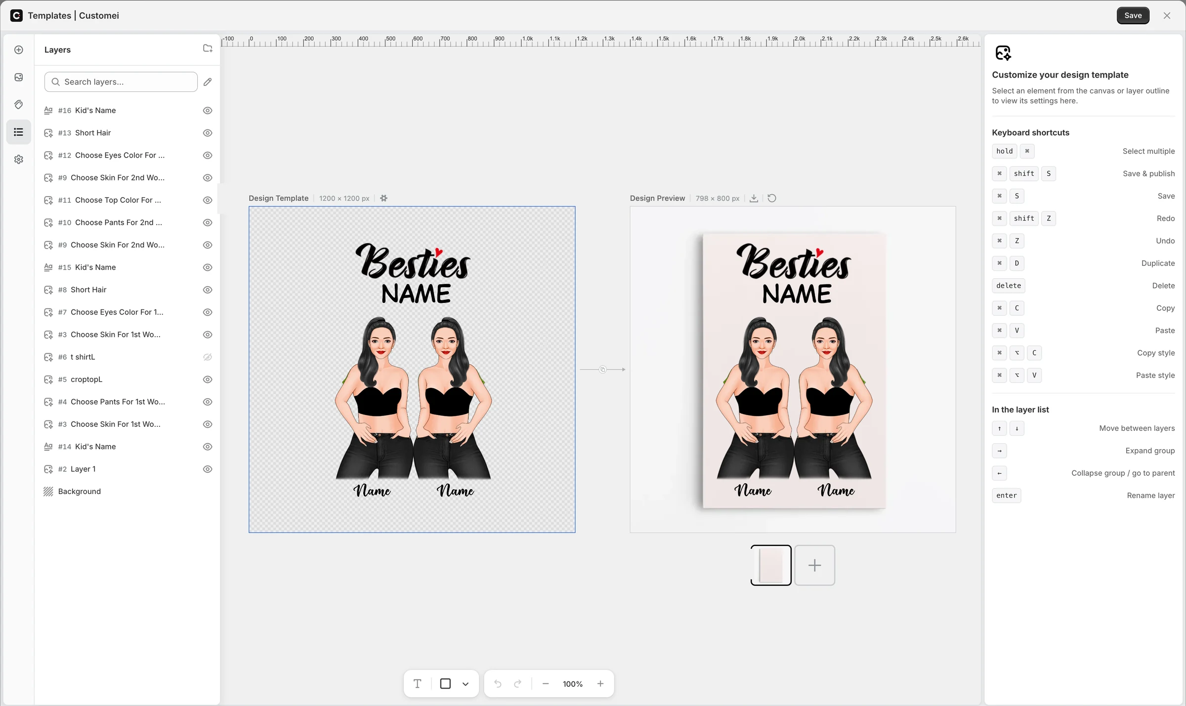The Customei design editor: the layer list on the left, the Design Template canvas and the Design Preview mockup side by side, keyboard shortcuts on the right