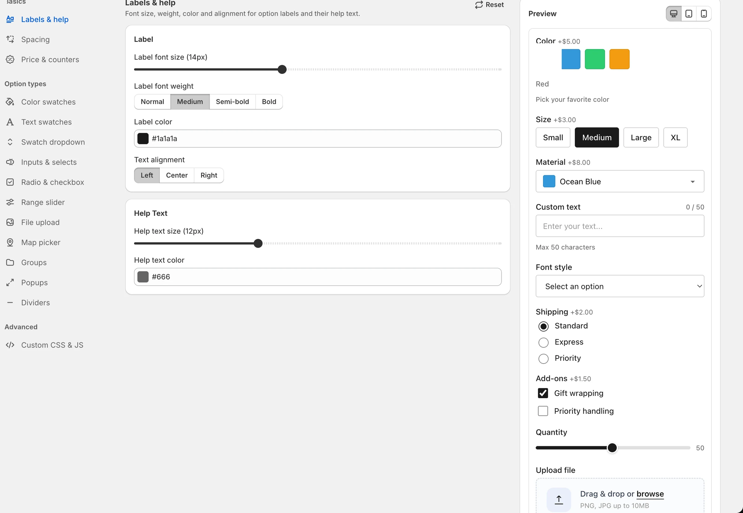 Global styles: settings for labels and help text per option type, beside a live preview of swatches, size buttons, a dropdown and a text field