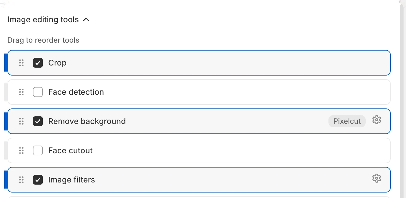 Image editing tools for an upload field: crop, face detection, remove background, face cutout and image filters, each switched on or off