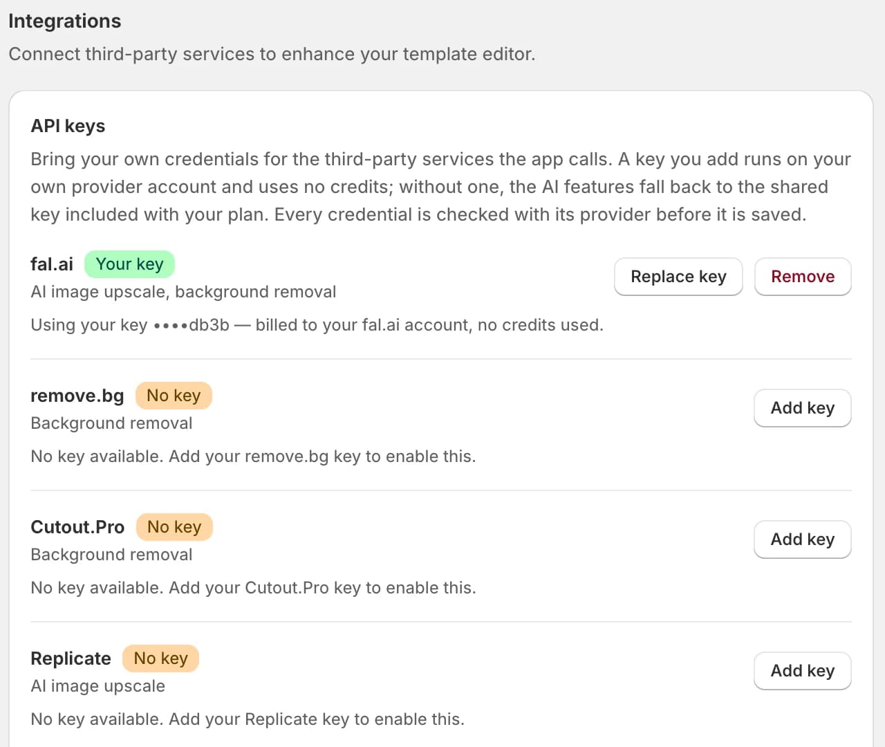API keys in Preferences: fal.ai with a key in use, and remove.bg, Cutout.Pro and Replicate waiting for one