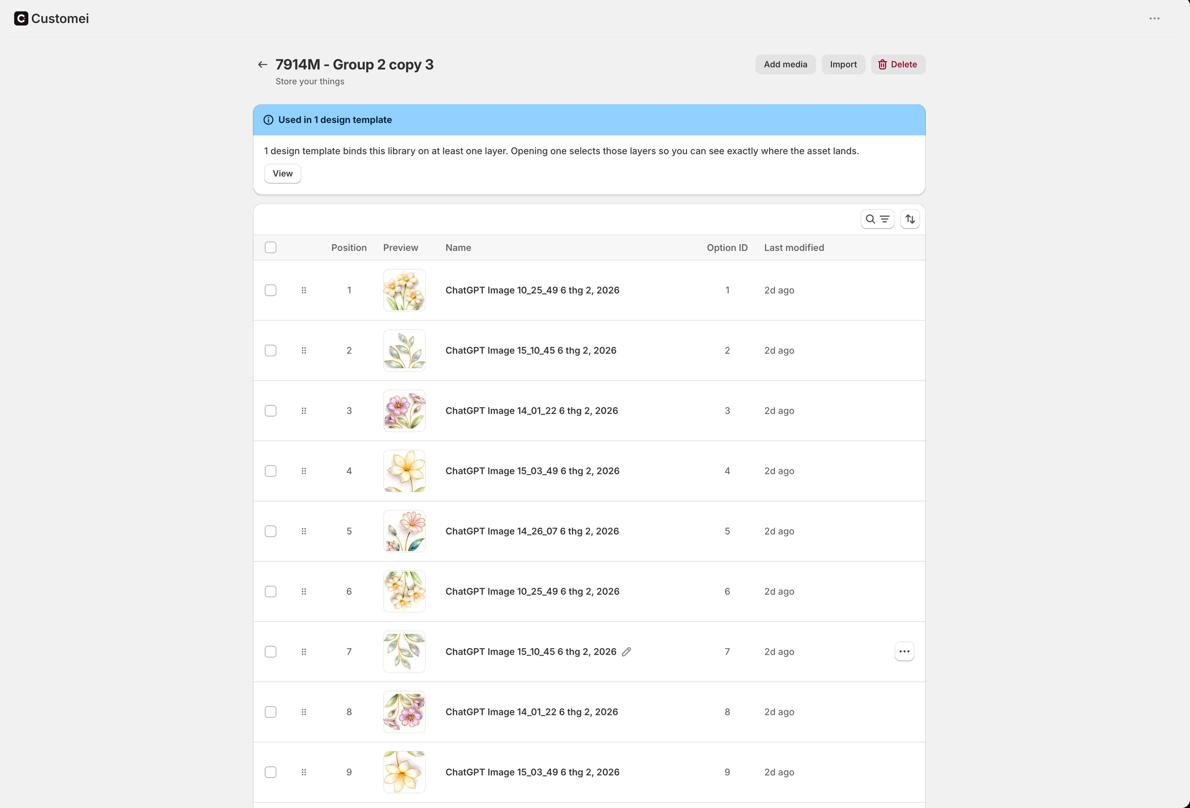 An image library of floral clipart, each item with its Option ID, and a note that one design template uses it