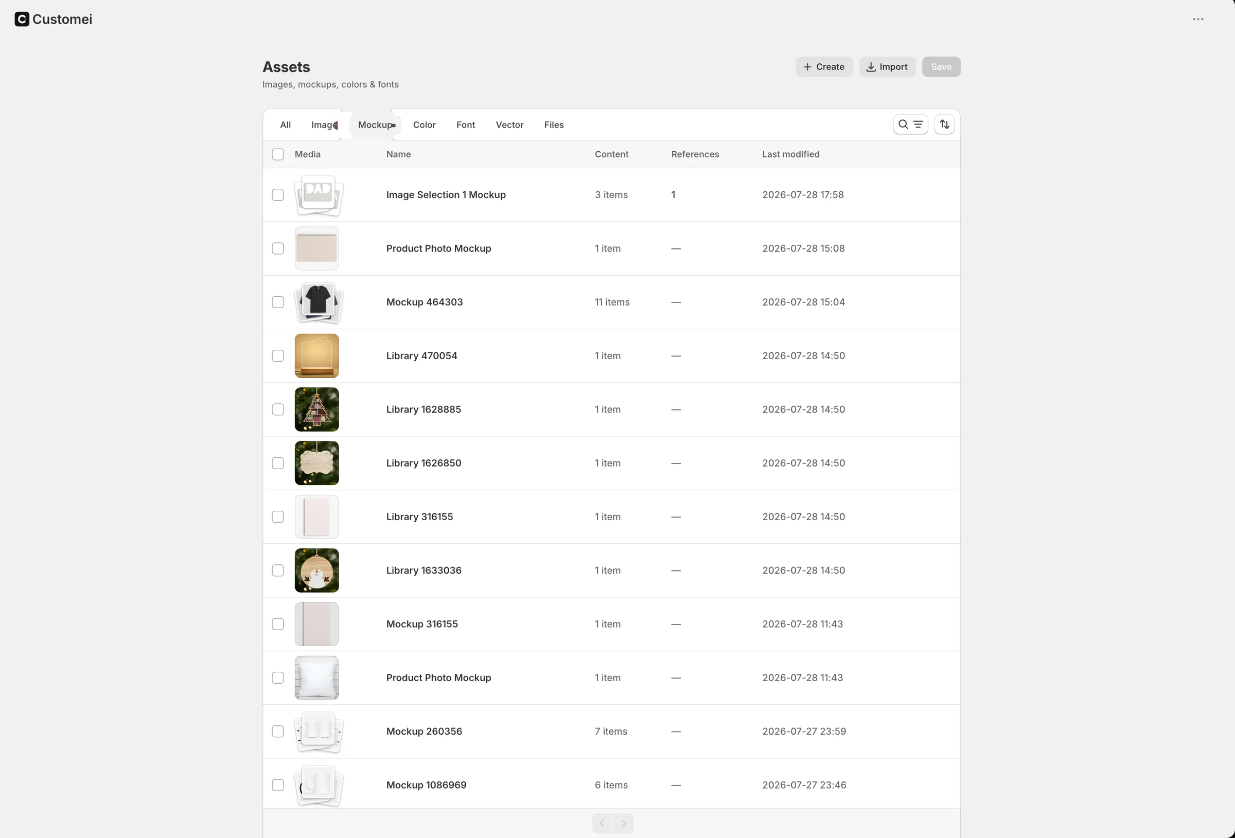 Assets, filtered to mockup libraries, with a thumbnail, item count and last-modified date for each