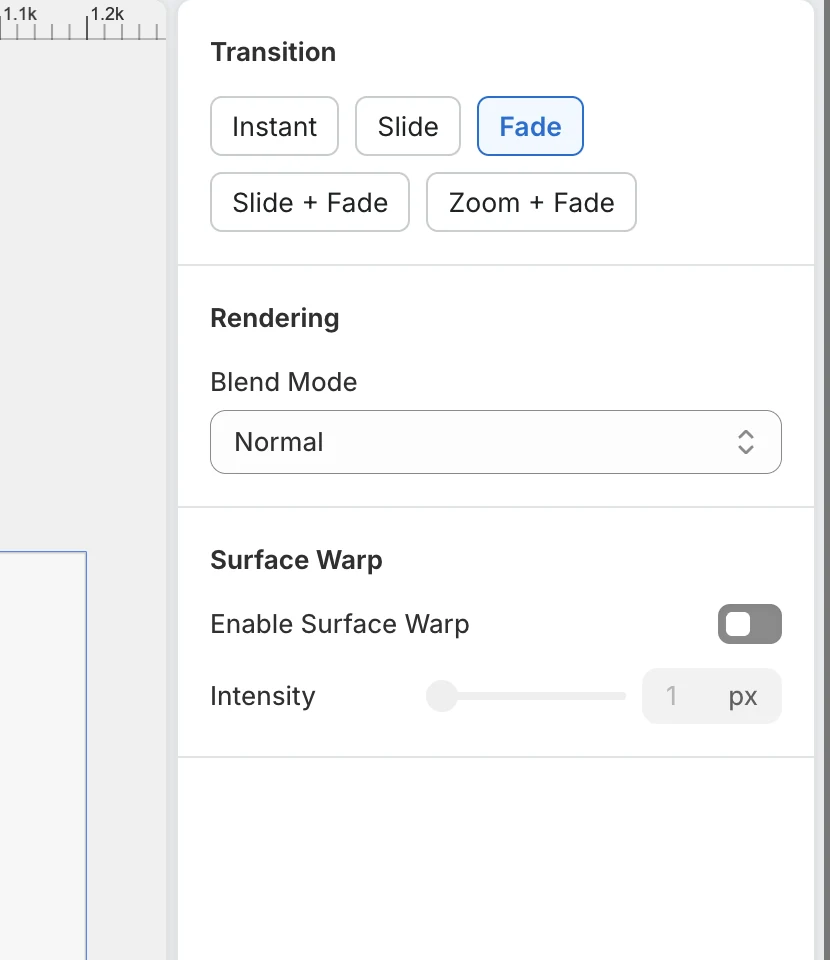 A preview frame's settings: transition, blend mode and surface warp