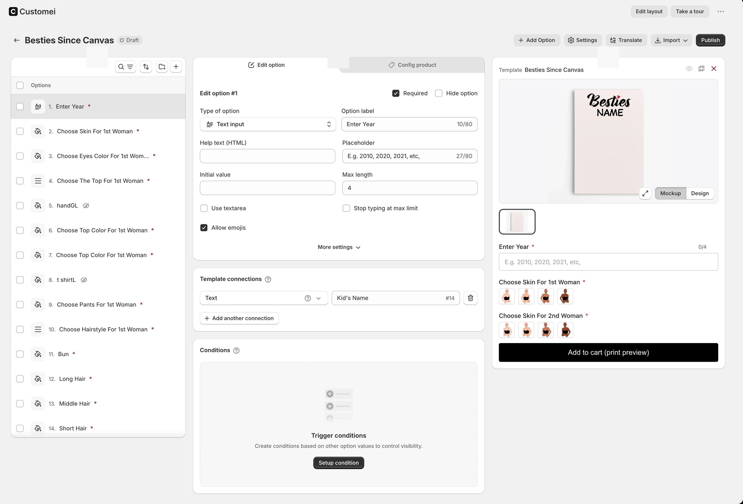 The option set editor: the list of options, the selected option's settings with template connections and conditions, and a live preview