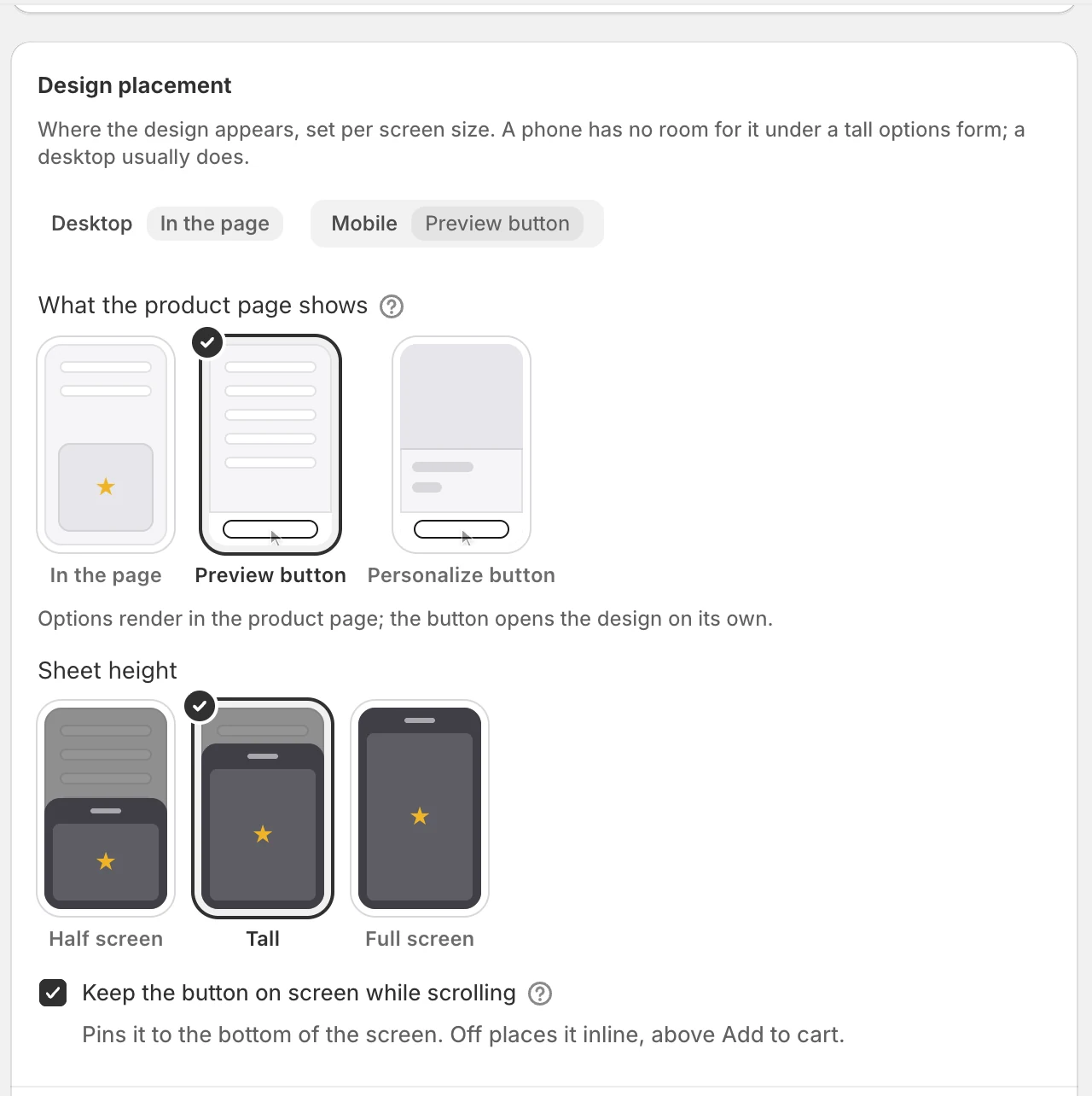 Design placement for mobile: in the page, a Preview button or a Personalize button, and a half-screen, tall or full-screen sheet