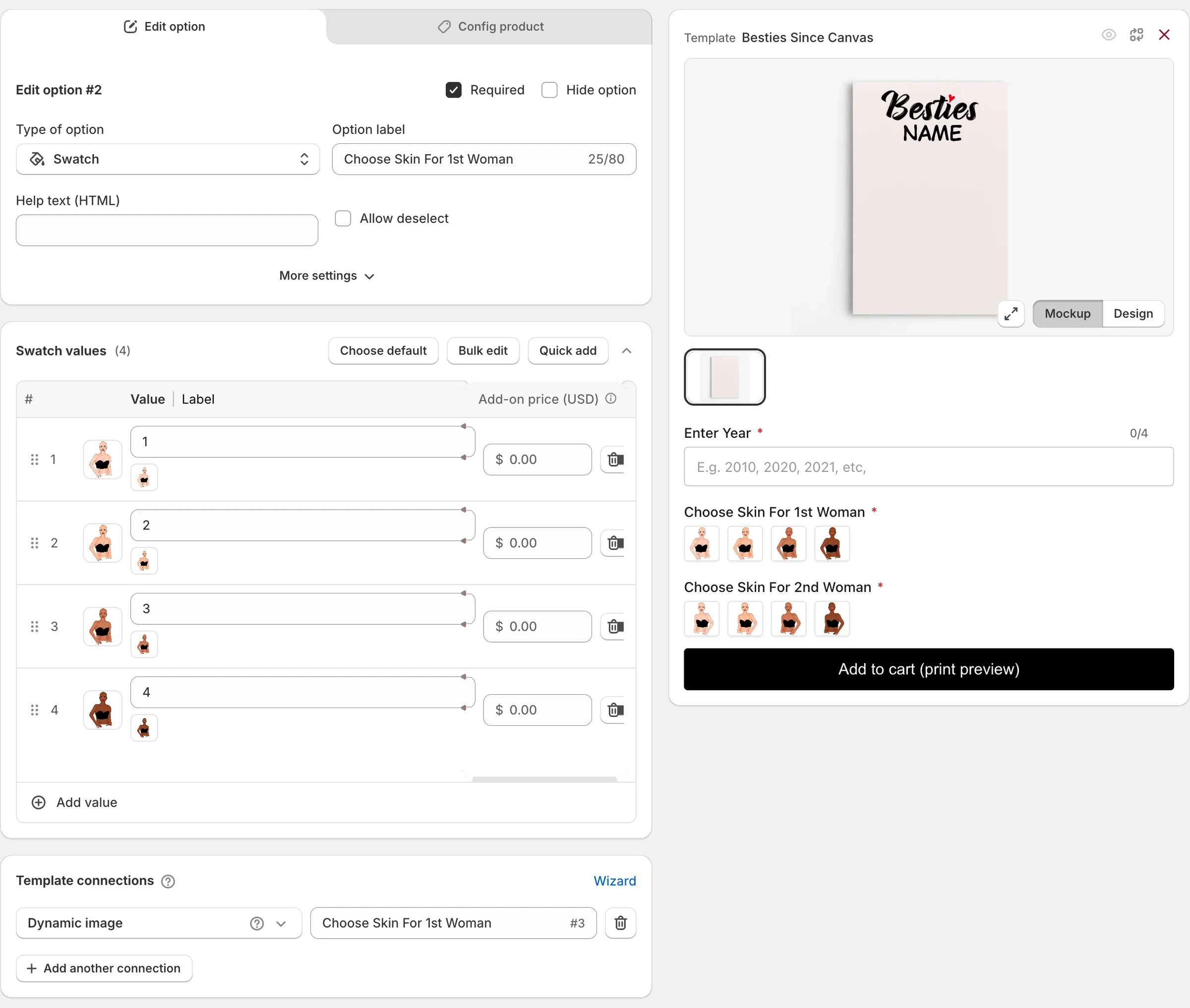 Swatch values with an add-on price in USD for each, next to the live preview