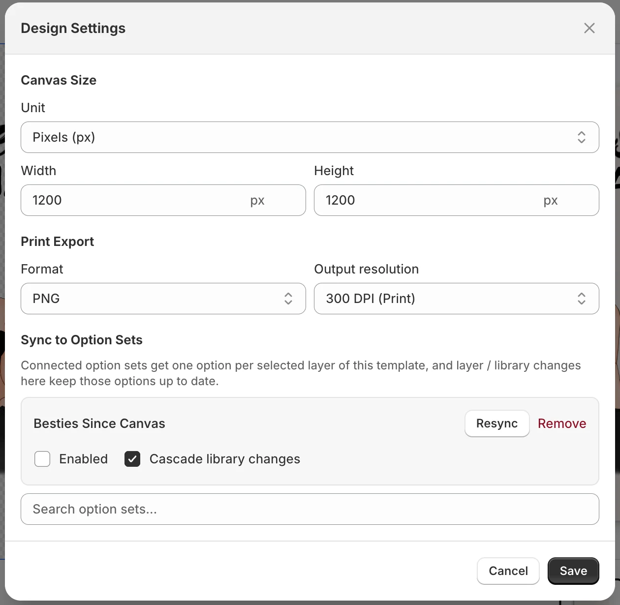 Design Settings: canvas size, Print Export format and output resolution, and Sync to Option Sets