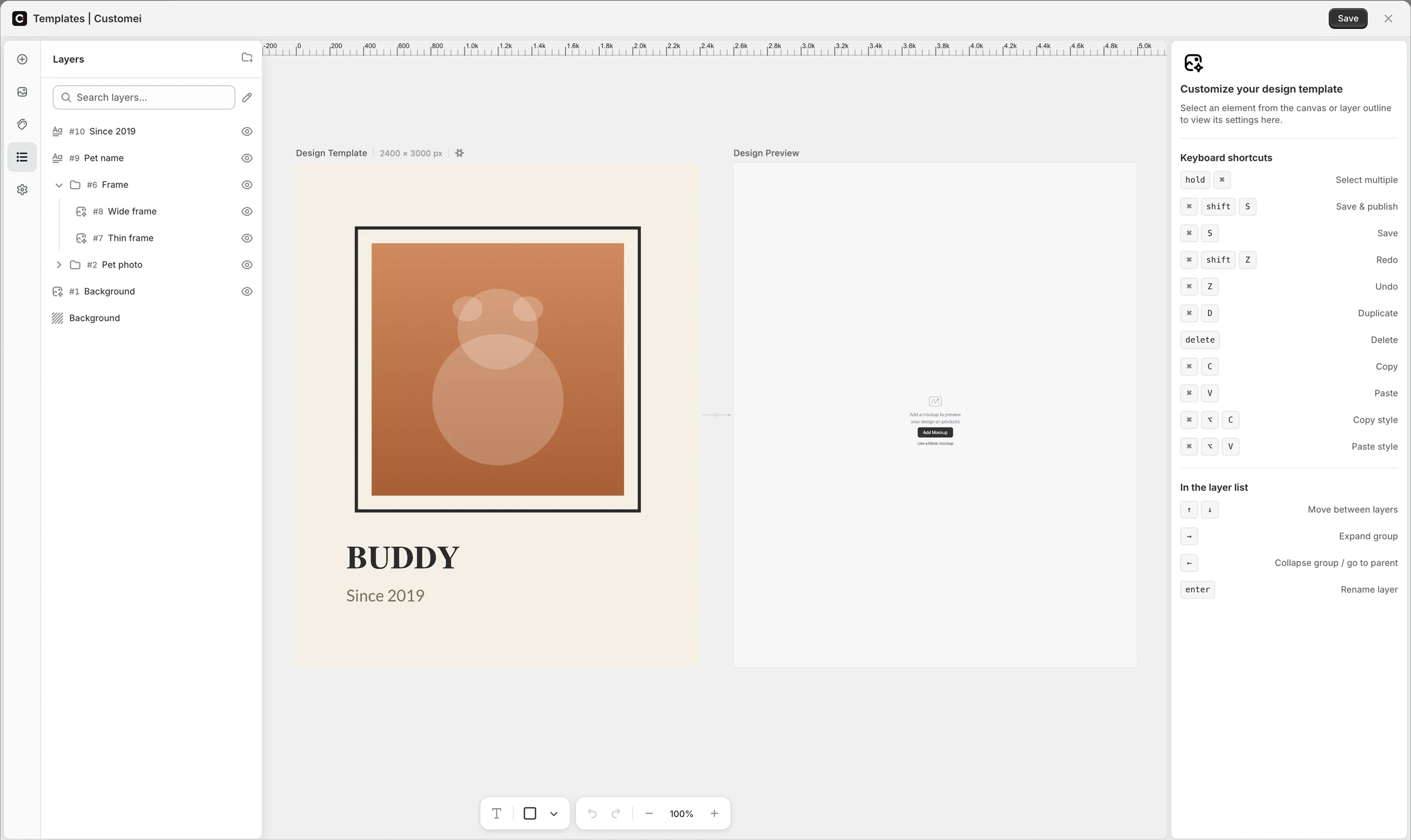 The imported pet portrait open in the design editor, its groups and layers listed on the left