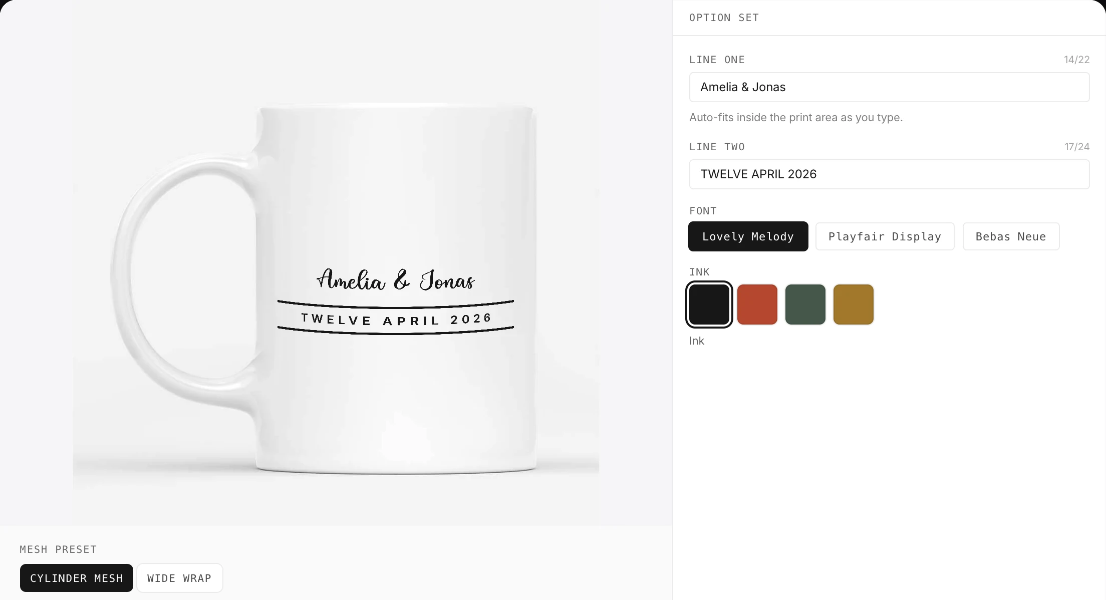 What a shopper gets to change: two lines of text, a choice of three fonts and four ink colours, beside a mug that redraws as they type