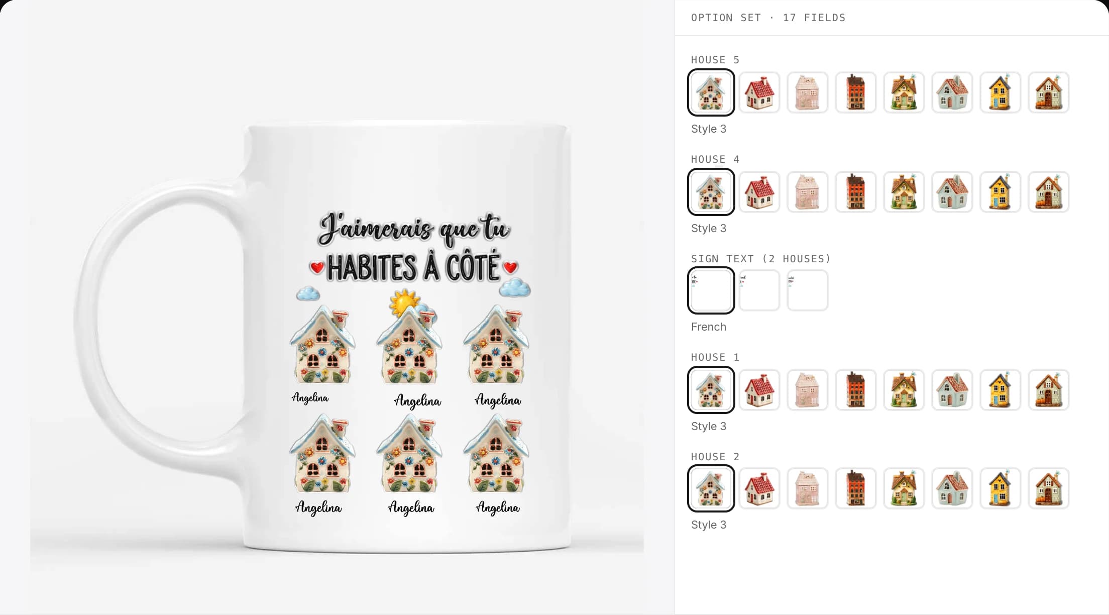 The storefront personalizer running a merchant's mug option set: house swatches and sign text beside a live preview of the mug