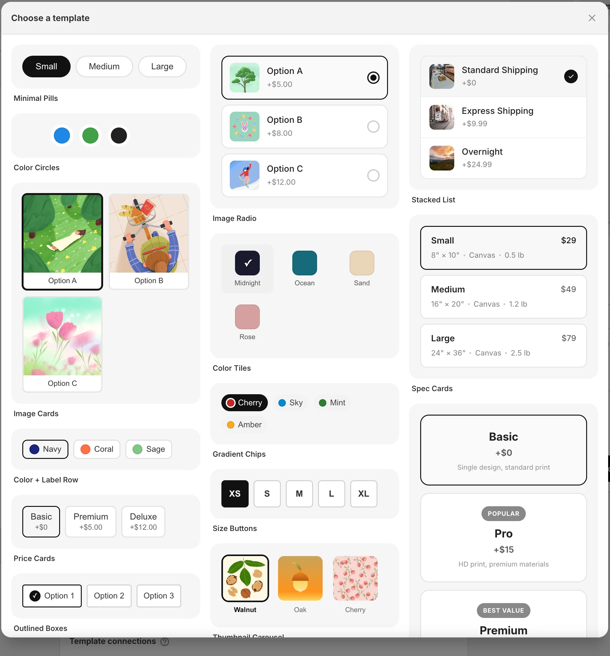 Choose a template for a custom swatch: pills, colour circles, image cards, image radios, colour tiles, gradient chips, size buttons, price cards, stacked lists and spec cards