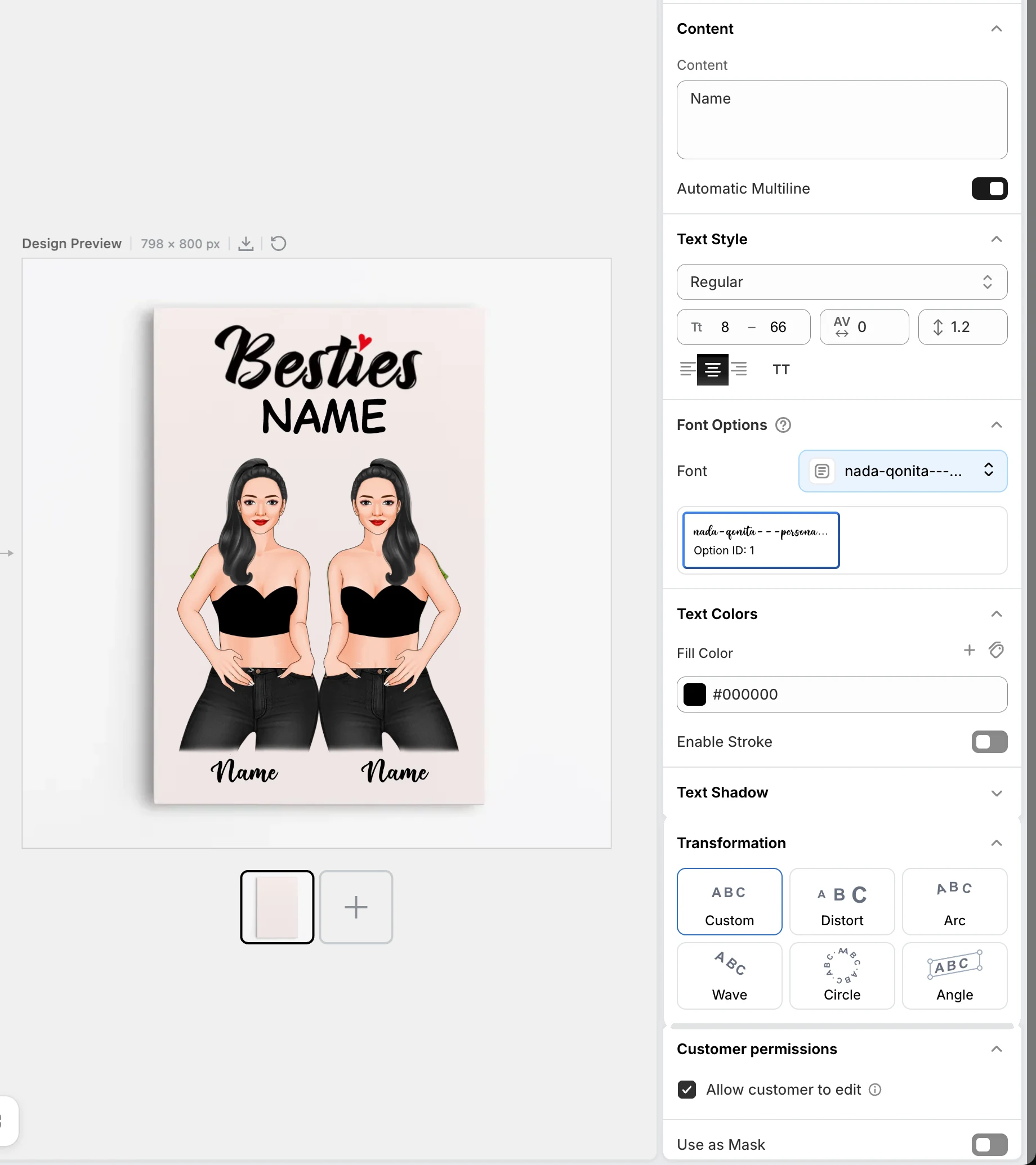 A text layer's settings beside the mockup preview: content, text style, font options, colours, shadow and the Custom, Distort, Arc, Wave, Circle and Angle transformations