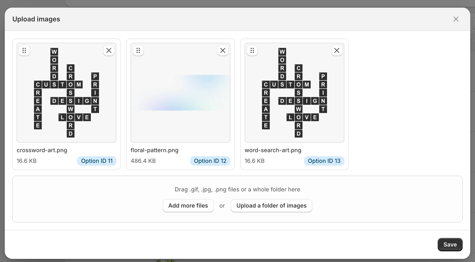 Upload images into a library: three files ready to upload, each given an Option ID, with Add more files and Upload a folder of images